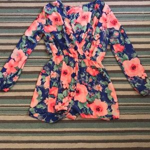 Pink and blue floral romper